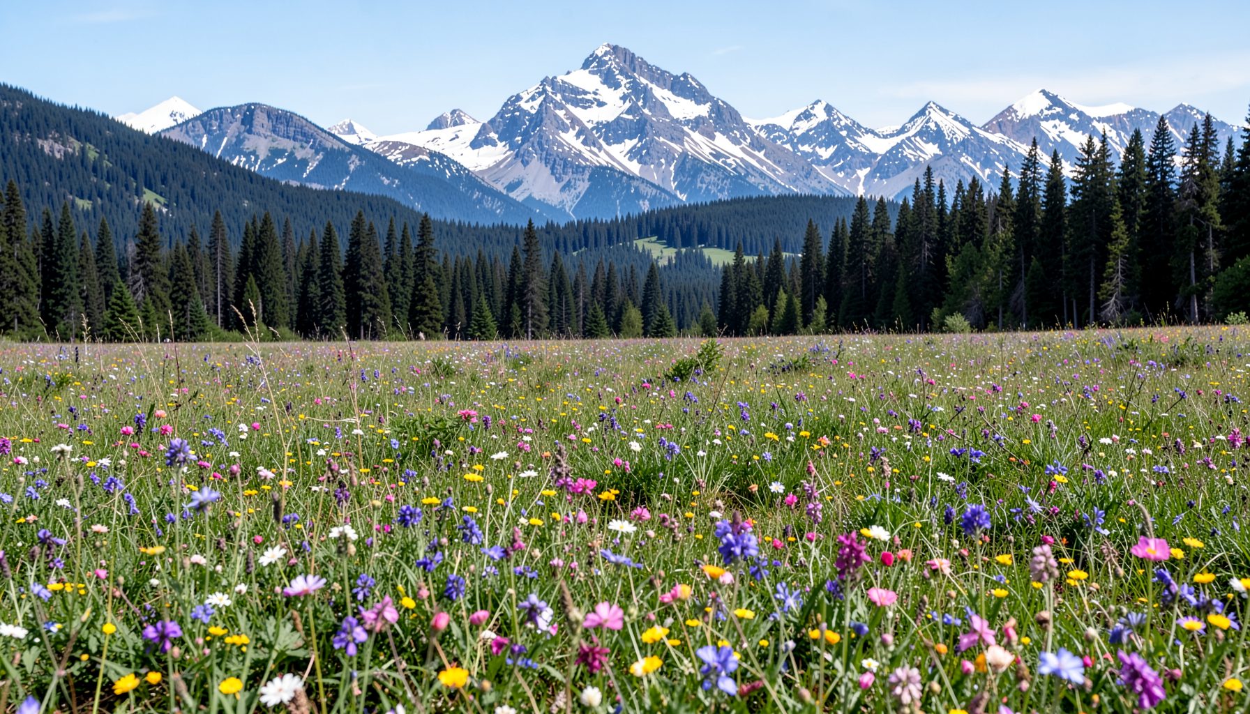Meadow of wildflowers stretching toward pine forests with snow-dusted peaks rising in the background