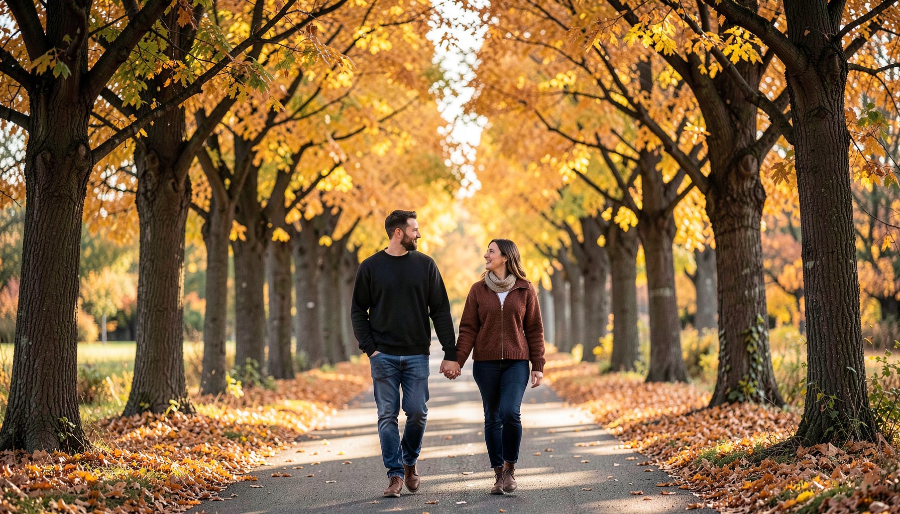 Couple walking hand in hand along a tree-lined pathway with rich gold and amber autumn foliage