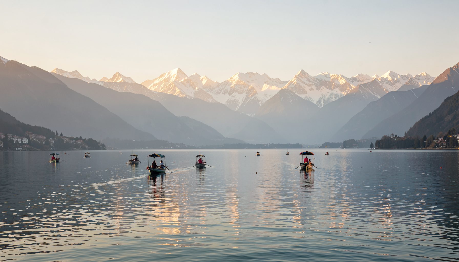 Wide lake scene with small tour boats trailing wakes, backed by snow-capped mountains at dusk in cool blue tones