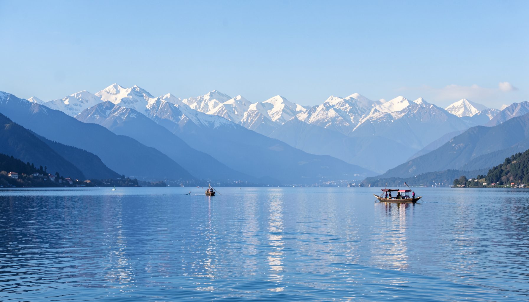 Serene view of a calm blue lake with wooden shikara boats floating near the shore, distant snow-capped mountains under a soft sky