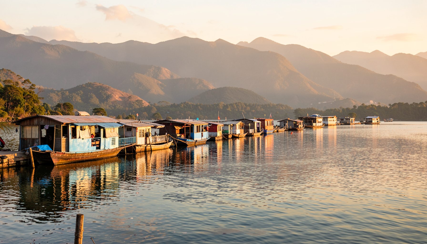 Houseboats lined along the edge of a calm lake with mountains in the distance under warm golden afternoon light