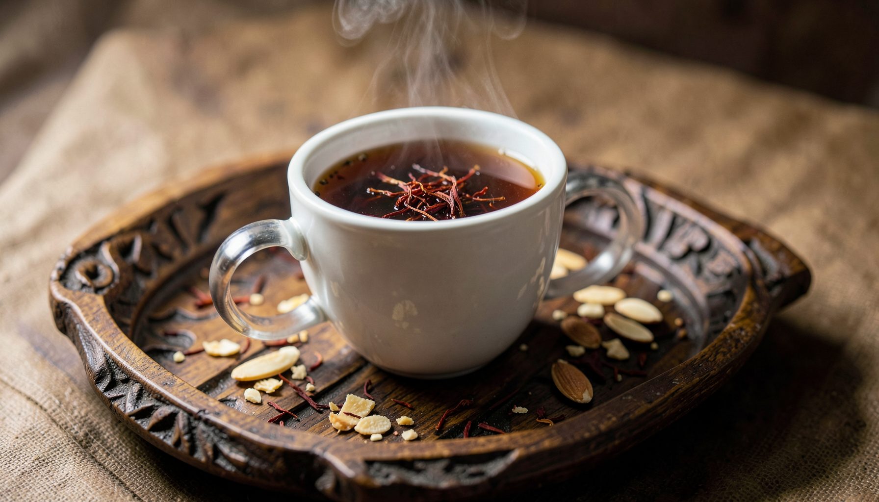 Steaming cup of kahwa tea with saffron strands and crushed almonds on a carved wooden tray